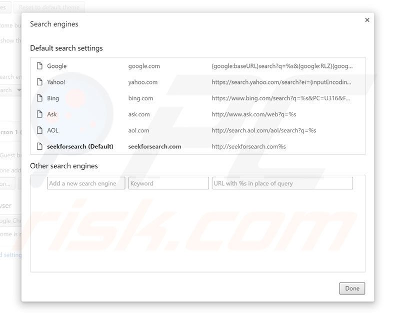 Removing seekforsearch.com from Google Chrome default search engine