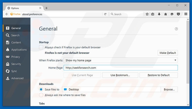 Removing seekforsearch.com from Mozilla Firefox homepage