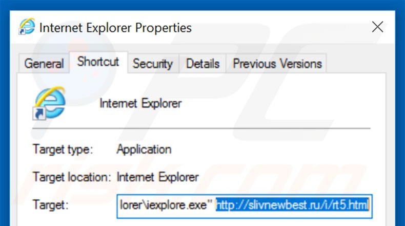 Removing slivnewbest.ru from Internet Explorer shortcut target step 2