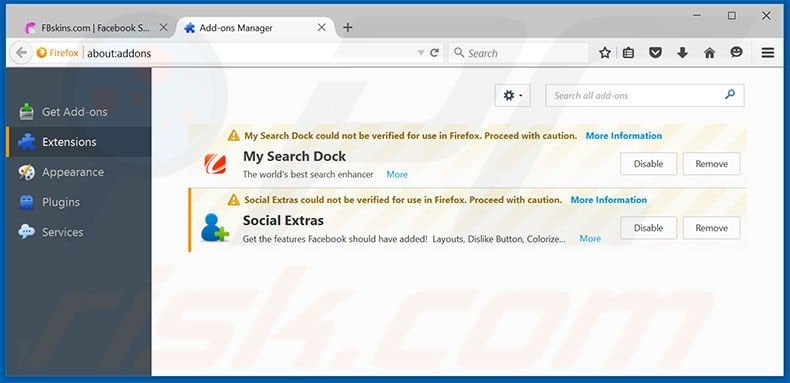 Removing Social Extras ads from Mozilla Firefox step 2