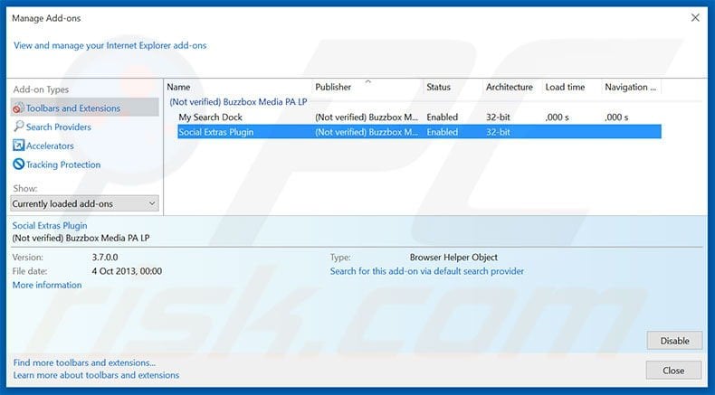 Removing Social Extras ads from Internet Explorer step 2