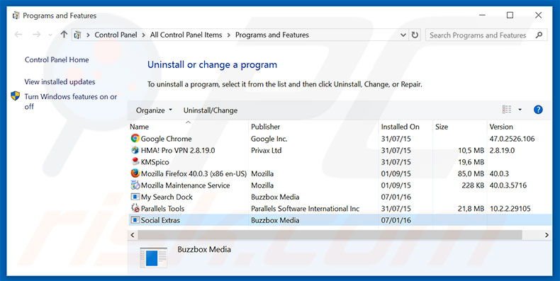 Social Extras adware uninstall via Control Panel