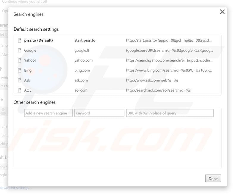 Removing start.prss.to from Google Chrome default search engine