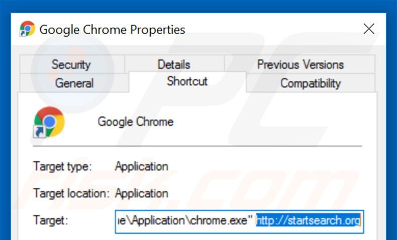 Removing startsearch.org from Google Chrome shortcut target step 2