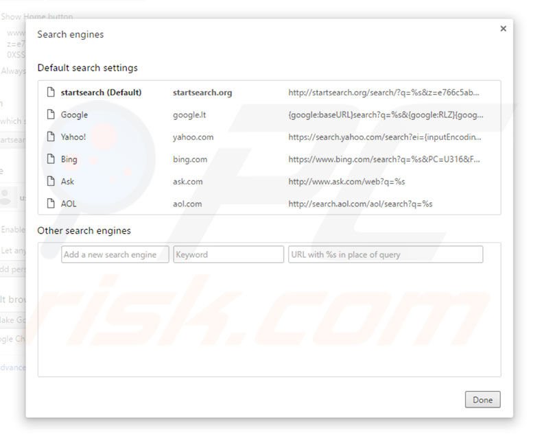 Removing startsearch.org from Google Chrome default search engine
