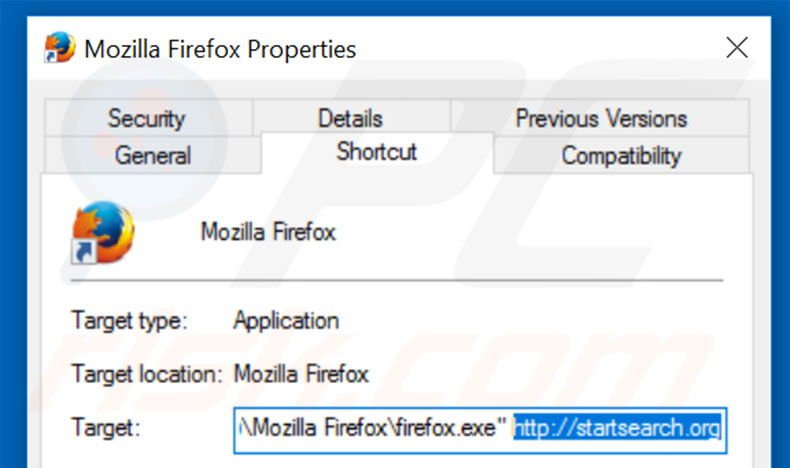 Removing startsearch.org from Mozilla Firefox shortcut target step 2