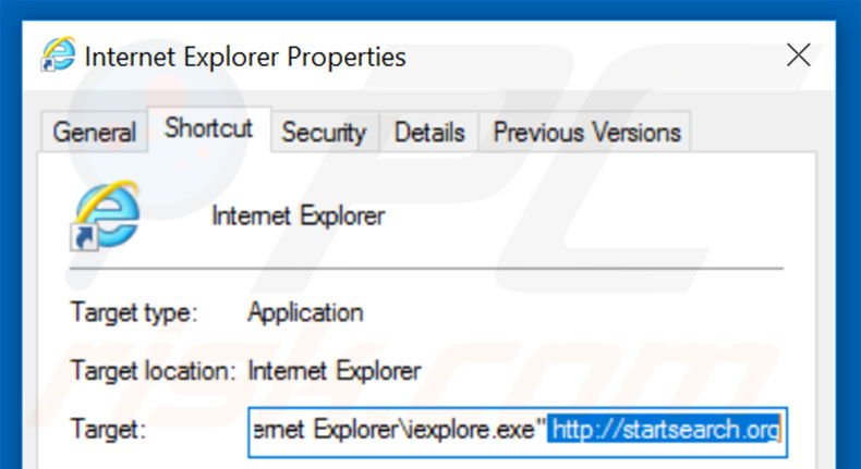 Removing startsearch.org from Internet Explorer shortcut target step 2
