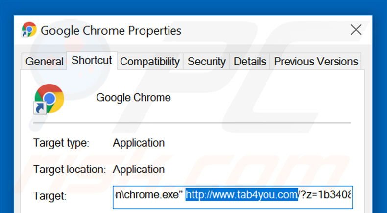 Removing tab4you.com from Google Chrome shortcut target step 2