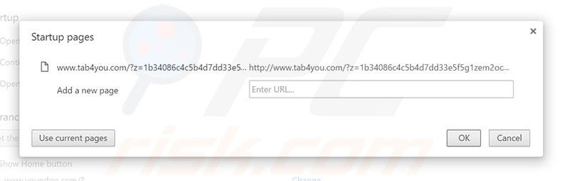 Removing tab4you.com from Google Chrome homepage
