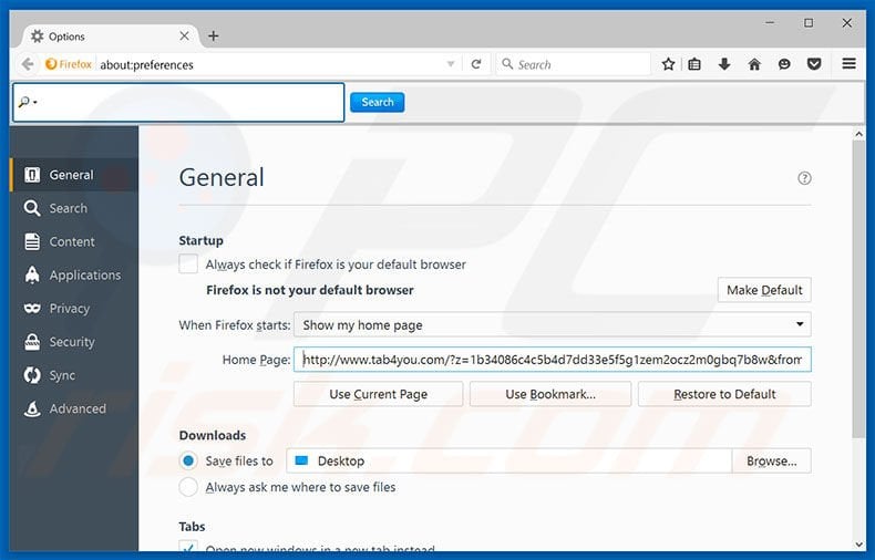 Removing tab4you.com from Mozilla Firefox homepage