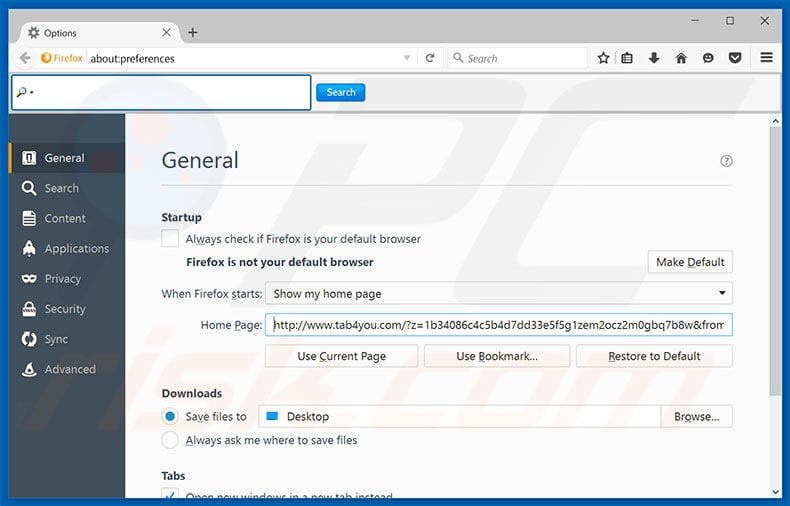 Removing tab4you.com from Mozilla Firefox homepage