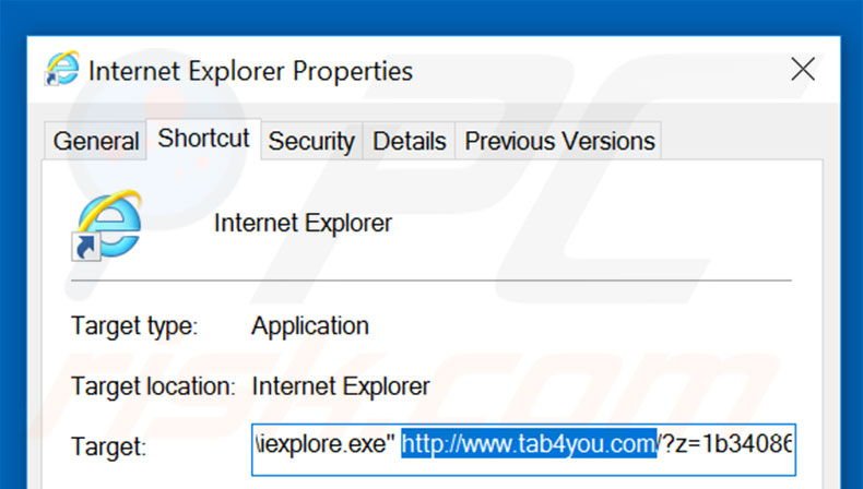 Removing tab4you.com from Internet Explorer shortcut target step 2