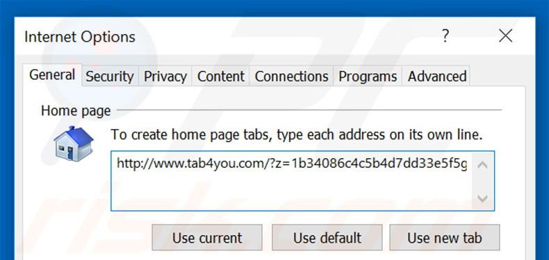 Removing tab4you.com from Internet Explorer homepage