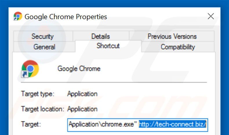 Removing tech-connect.biz from Google Chrome shortcut target step 2