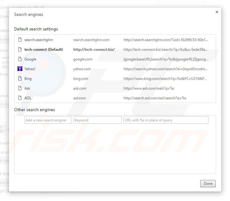 Removing tech-connect.biz from Google Chrome default search engine