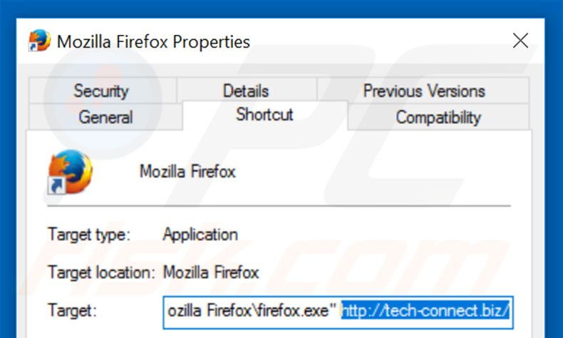 Removing tech-connect.biz from Mozilla Firefox shortcut target step 2