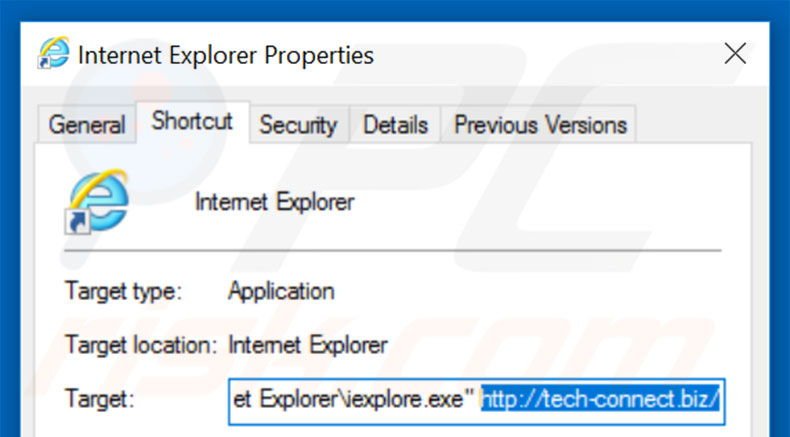 Removing tech-connect.biz from Internet Explorer shortcut target step 2