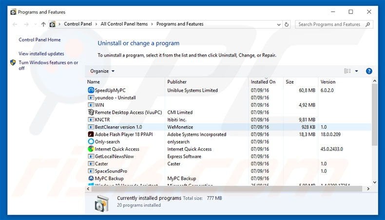 tech-connect.biz browser hijacker uninstall via Control Panel