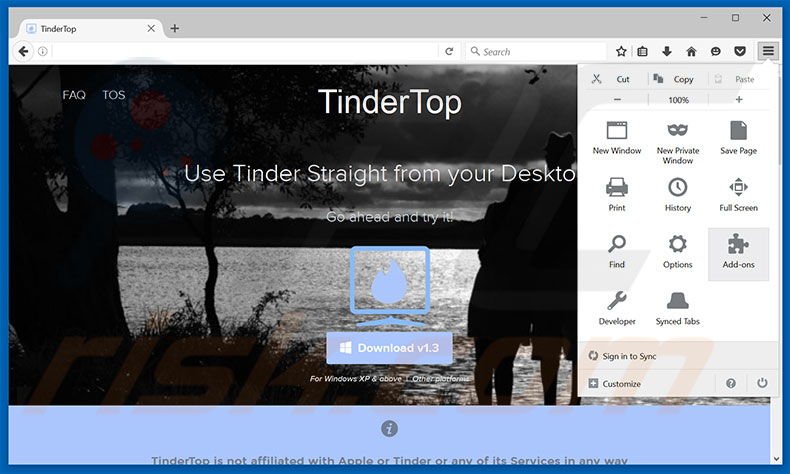 Removing TinderTop ads from Mozilla Firefox step 1