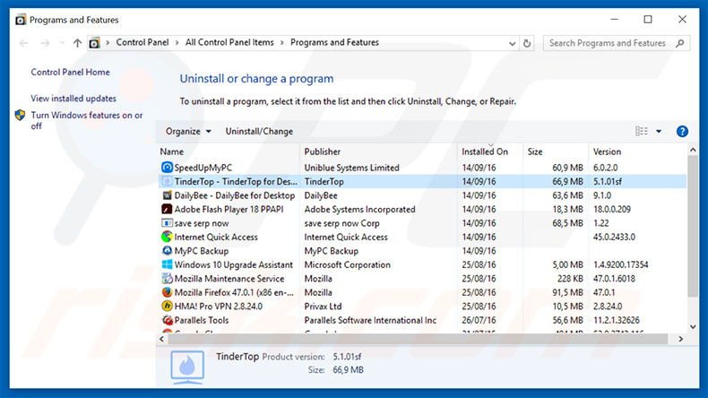 TinderTop adware uninstall via Control Panel