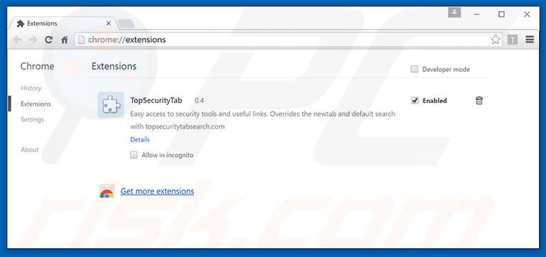 Removing search.topsecuritytabsearch.com related Google Chrome extensions