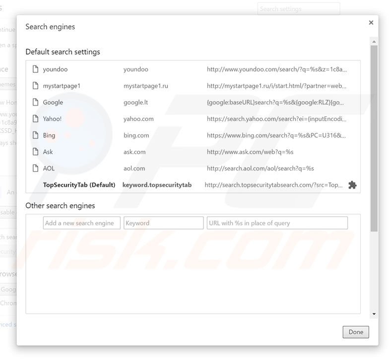 Removing search.topsecuritytabsearch.com from Google Chrome default search engine