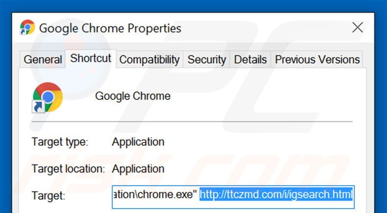 Removing ttczmd.com/i/igsearch.html from Google Chrome shortcut target step 2