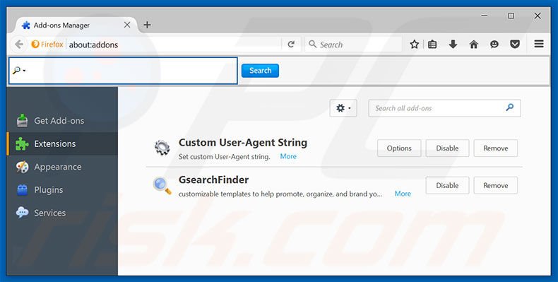 Removing ttczmd.com/i/igsearch.html related Mozilla Firefox extensions