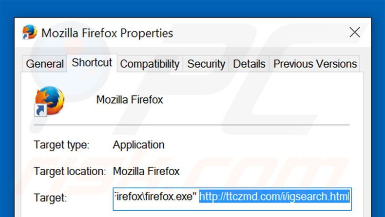 Removing ttczmd.com/i/igsearch.html from Mozilla Firefox shortcut target step 2