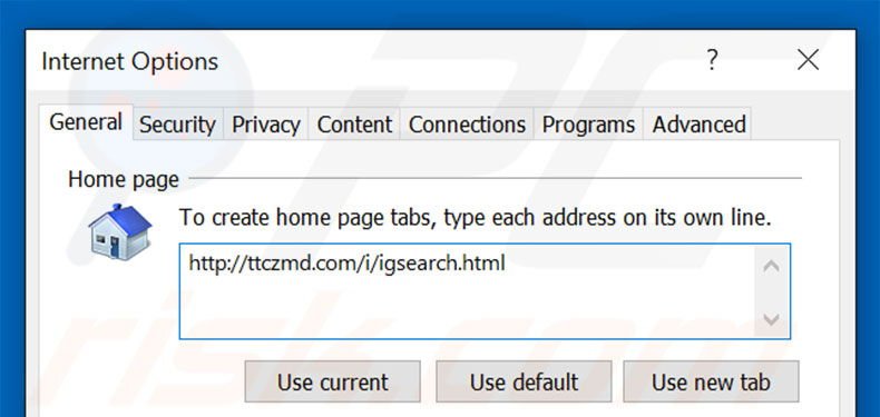Removing ttczmd.com/i/igsearch.html from Internet Explorer homepage