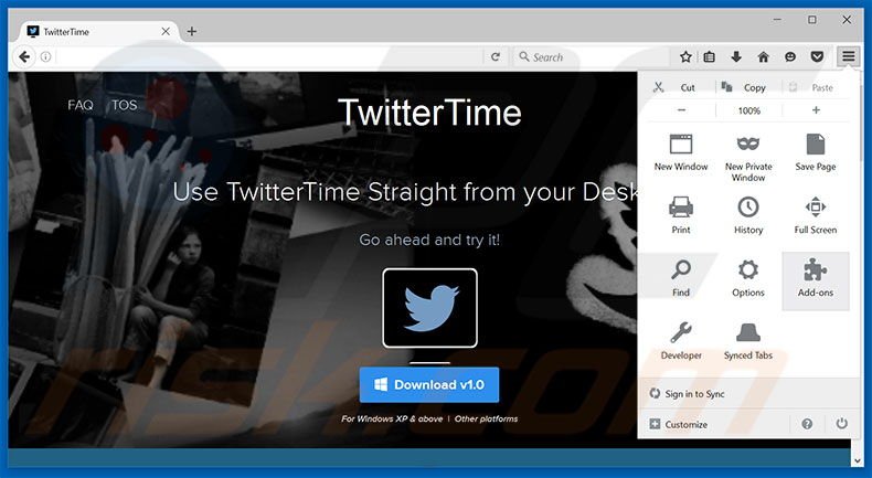 Removing TwitterTime ads from Mozilla Firefox step 1