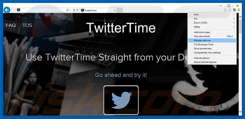 Removing TwitterTime ads from Internet Explorer step 1