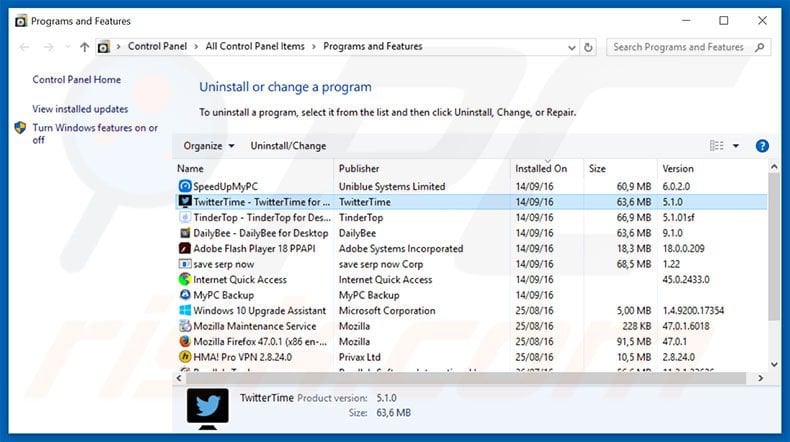 TwitterTime adware uninstall via Control Panel