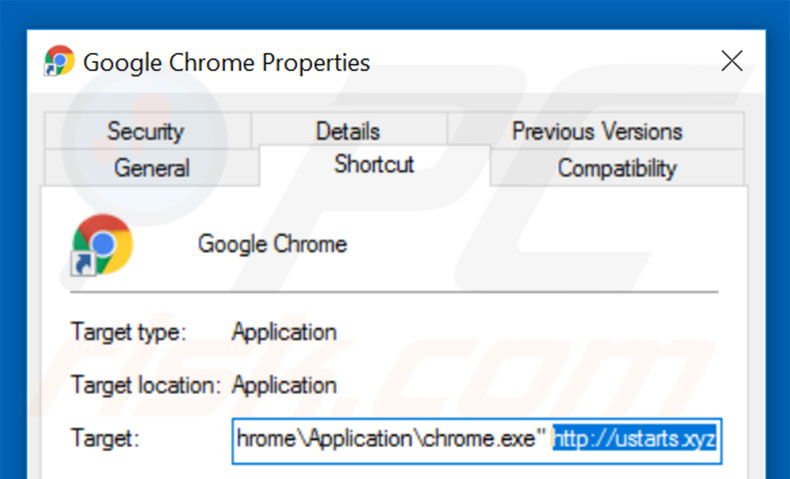 Removing ustarts.xyz from Google Chrome shortcut target step 2