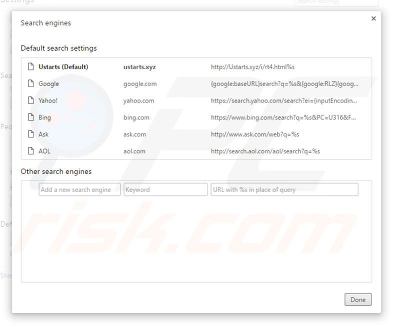 Removing ustarts.xyz from Google Chrome default search engine