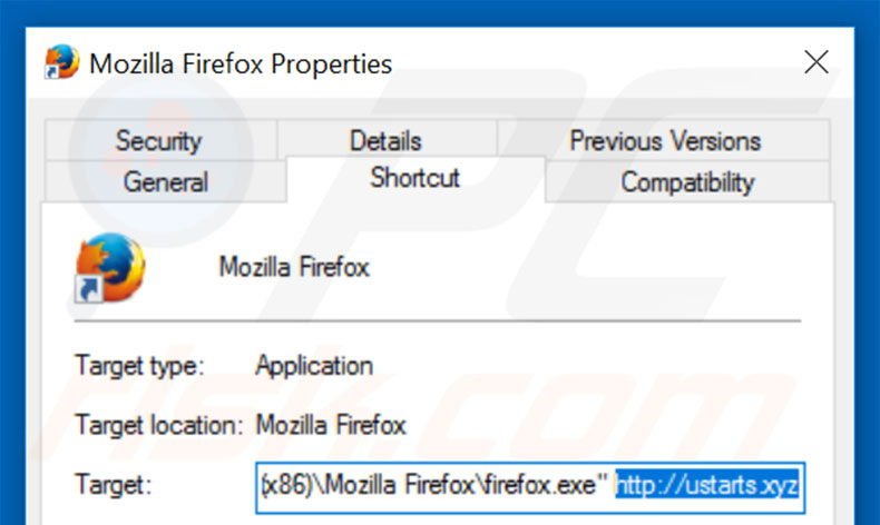 Removing ustarts.xyz from Mozilla Firefox shortcut target step 2