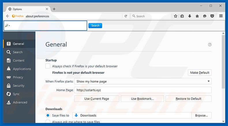 Removing ustarts.xyz from Mozilla Firefox homepage