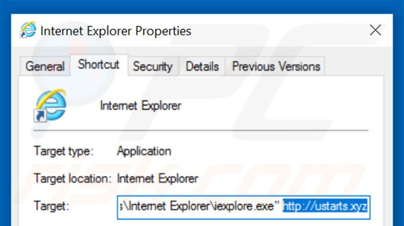 Removing ustarts.xyz from Internet Explorer shortcut target step 2