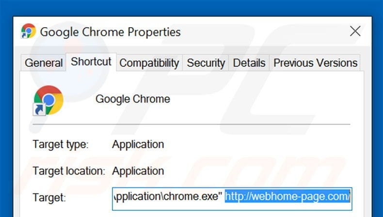 Removing webhome-page.com from Google Chrome shortcut target step 2