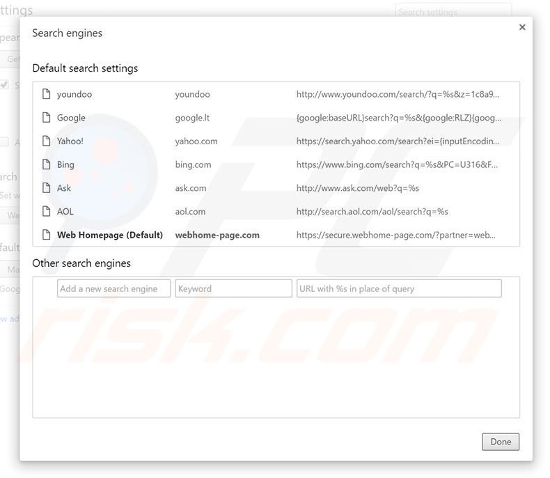 Removing webhome-page.com from Google Chrome default search engine