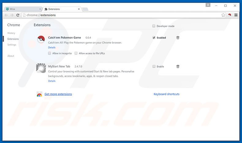 Removing wizesearch.com related Google Chrome extensions