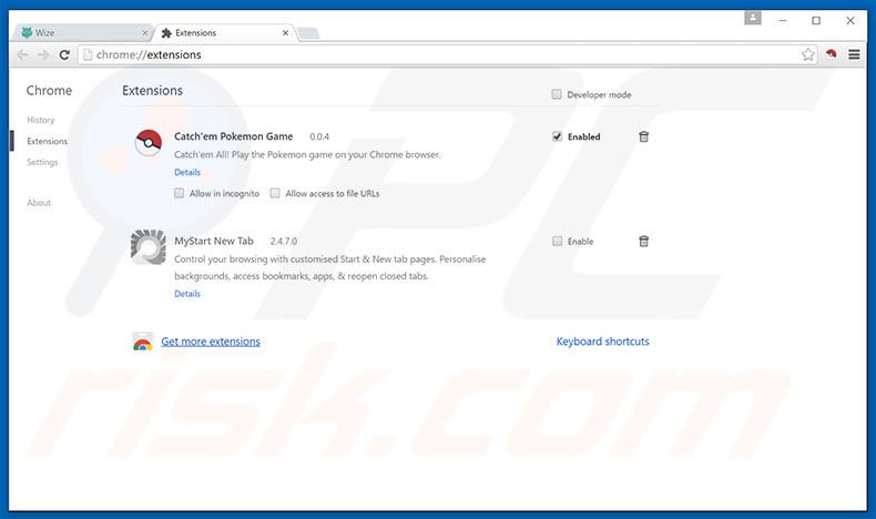 Removing wizesearch.com related Google Chrome extensions