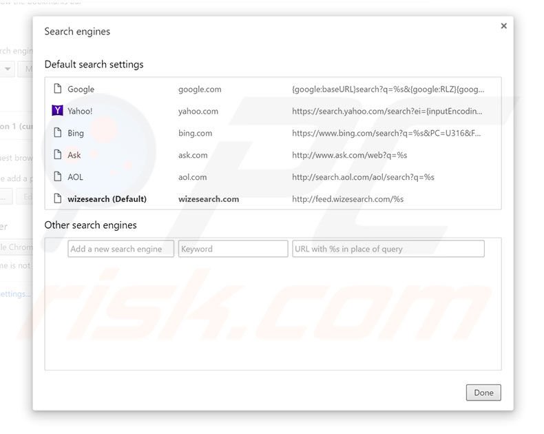 Removing wizesearch.com from Google Chrome default search engine