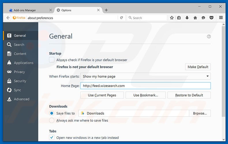 Removing wizesearch.com from Mozilla Firefox homepage