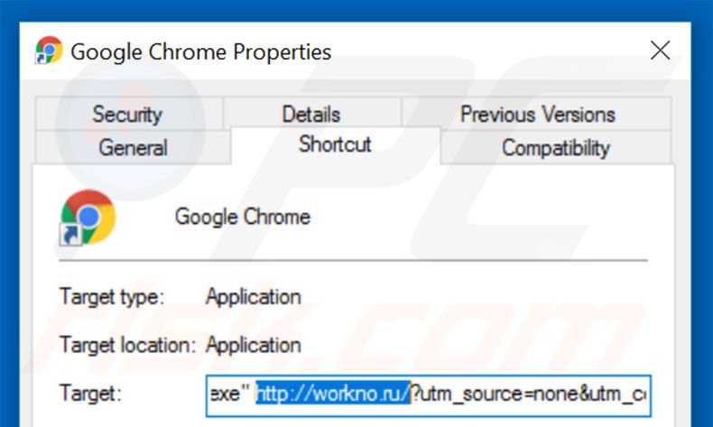 Removing workno.ru from Google Chrome shortcut target step 2