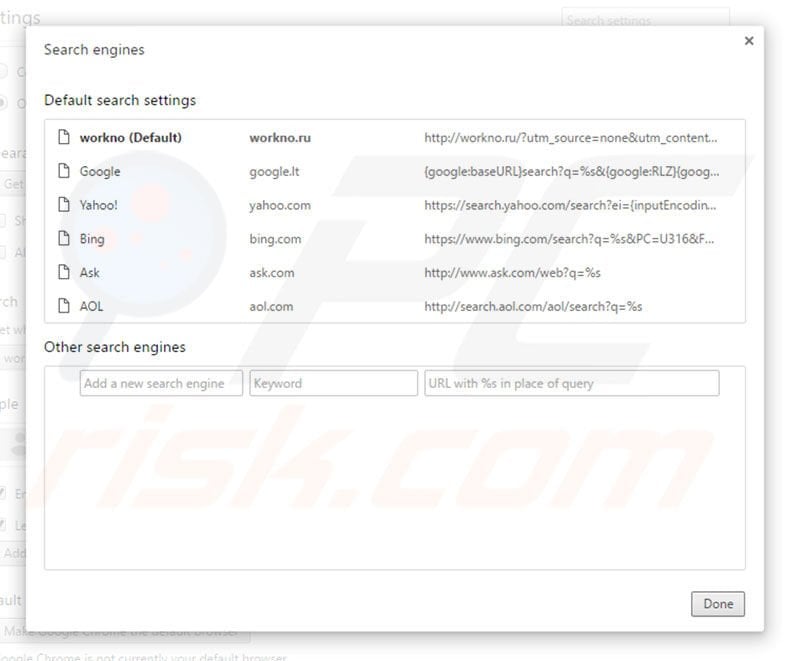 Removing workno.ru from Google Chrome default search engine