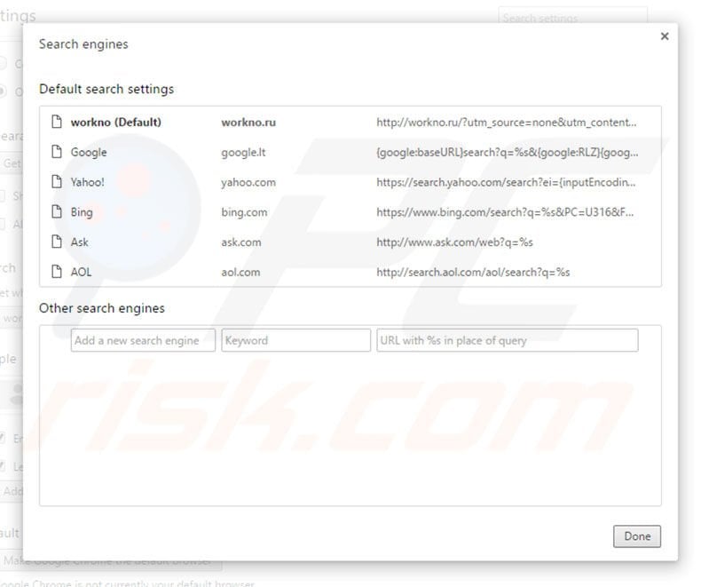 Removing workno.ru from Google Chrome default search engine