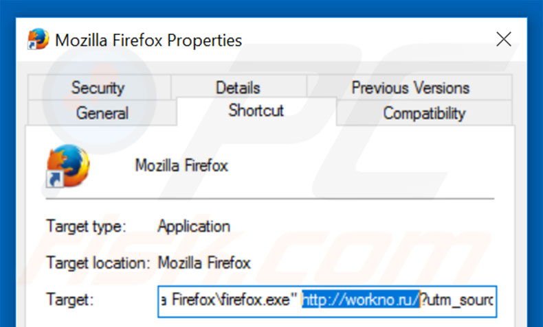 Removing workno.ru from Mozilla Firefox shortcut target step 2