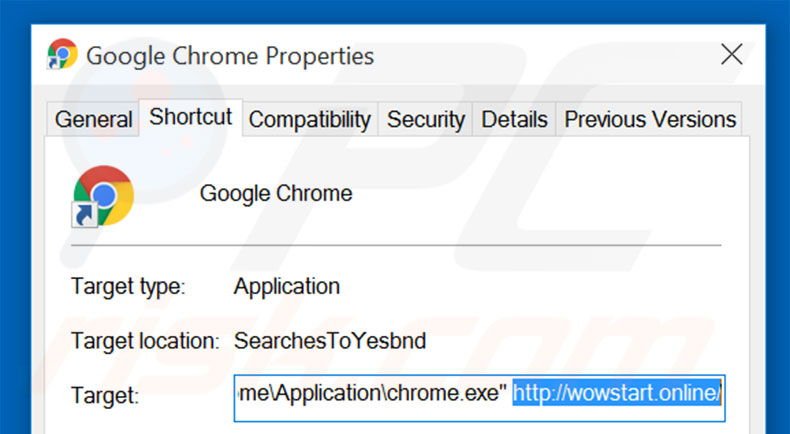 Removing wowstart.online from Google Chrome shortcut target step 2