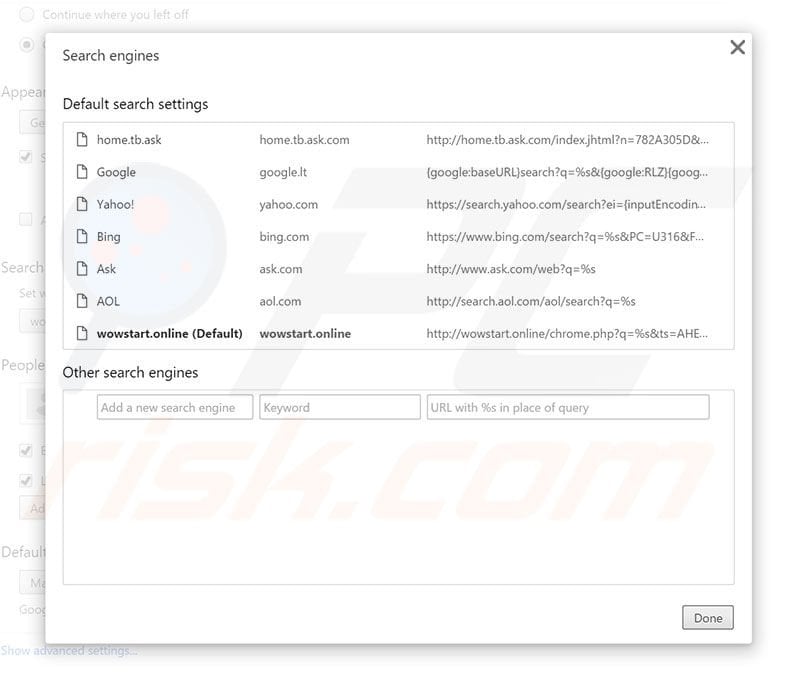 Removing wowstart.online from Google Chrome default search engine